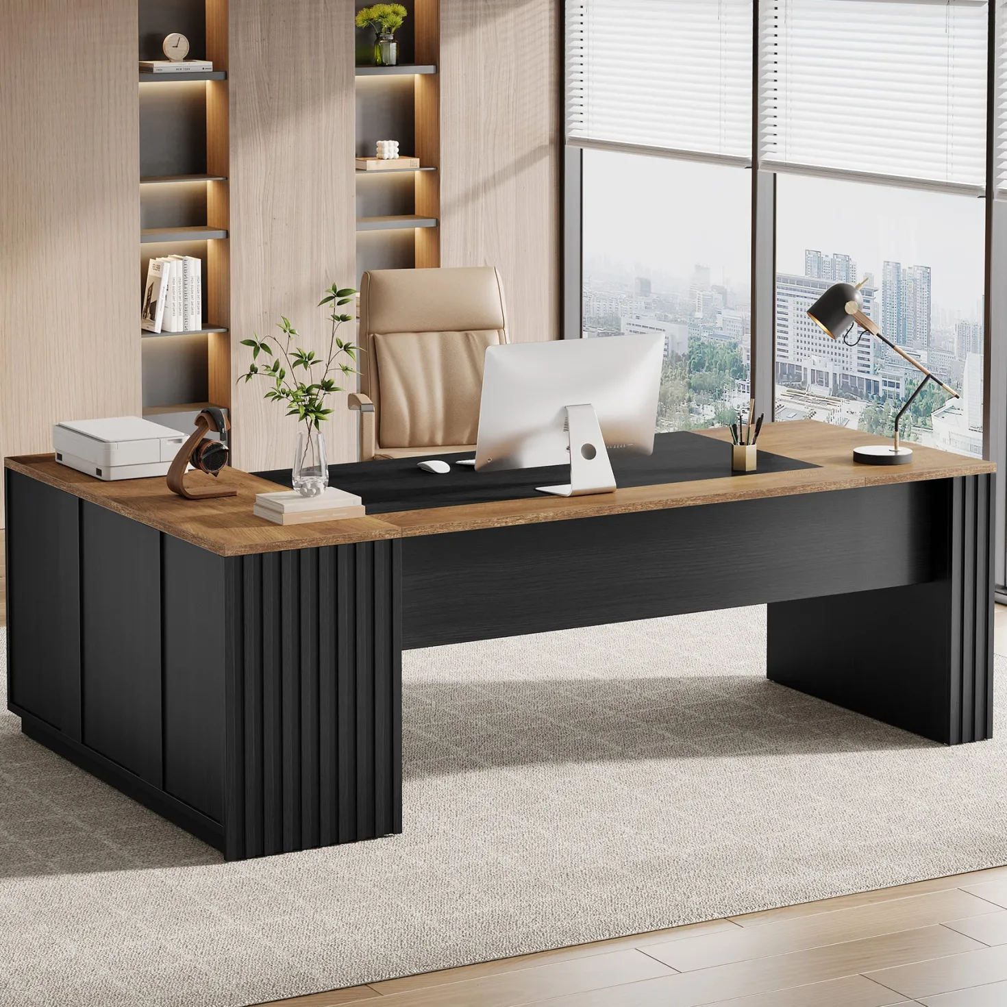 L-Shaped Executive Desk, 78.7" Computer Desk with Cabinet and Storage Shelves