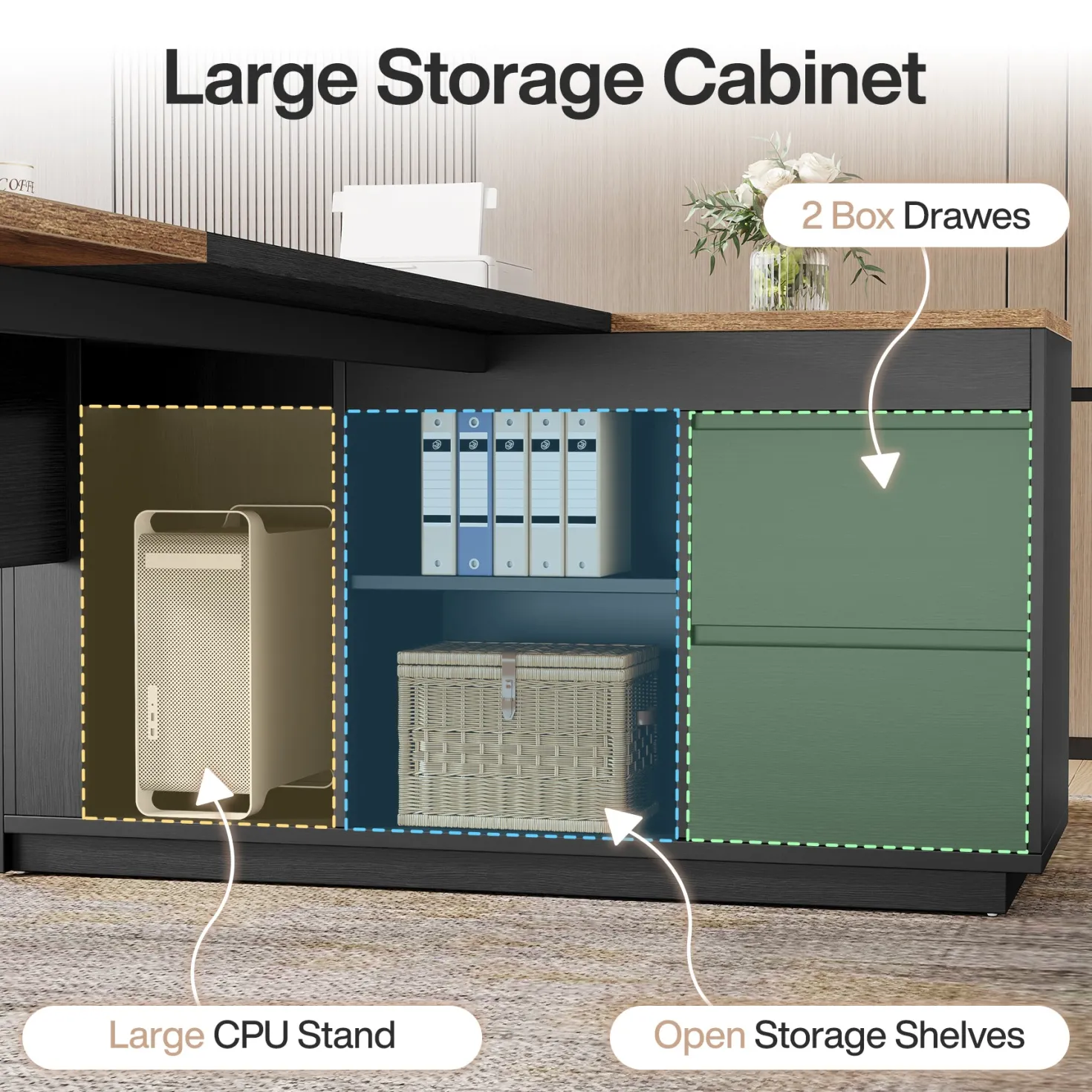 L-Shaped Executive Desk, 78.7" Computer Desk with Cabinet and Storage Shelves