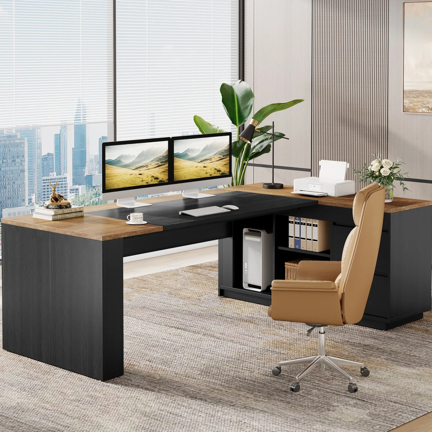 L-Shaped Executive Desk, 78.7" Computer Desk with Cabinet and Storage Shelves