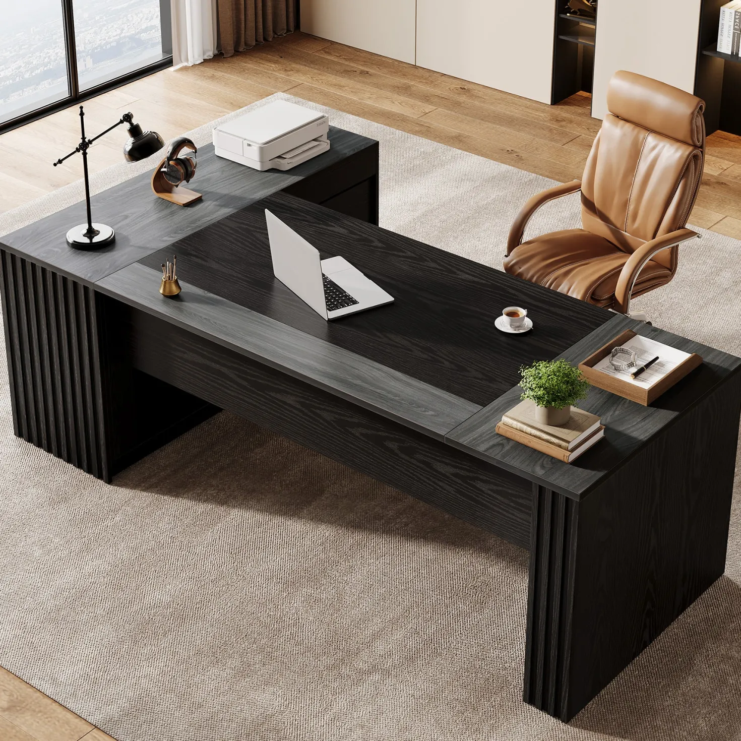 L-Shaped Executive Desk, 78.7" Computer Desk with Cabinet and Storage Shelves