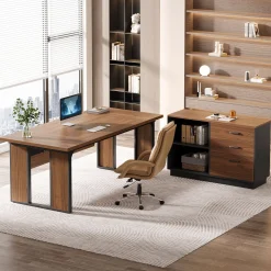 L-Shaped Executive Desk, 63" Computer Desk Workstation with File Cabinet