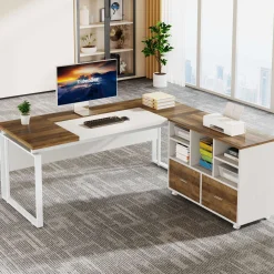 L-Shaped Executive Desk, 63" Computer Desk with Mobile File Cabinet