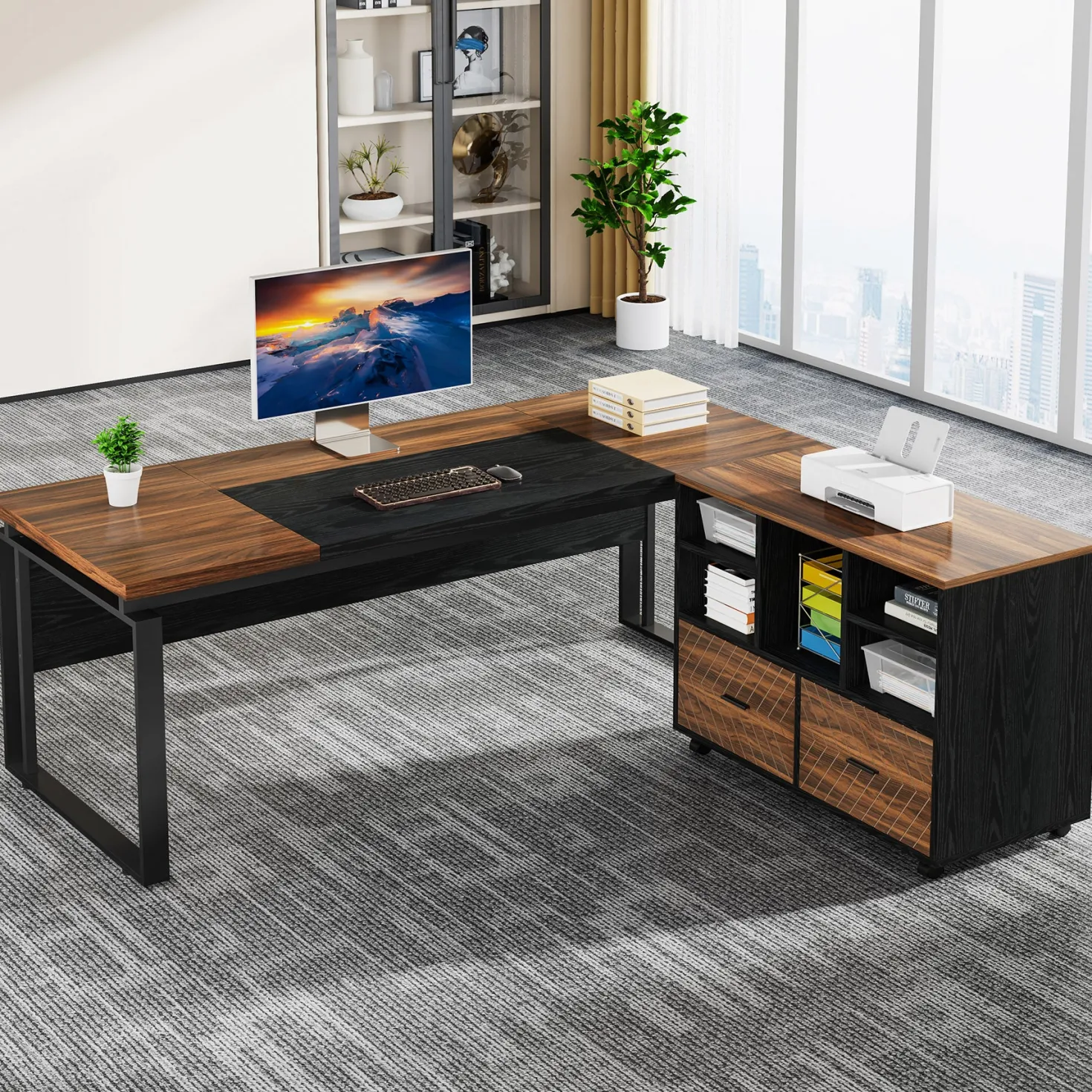 L-Shaped Executive Desk, 63" Computer Desk with Mobile File Cabinet