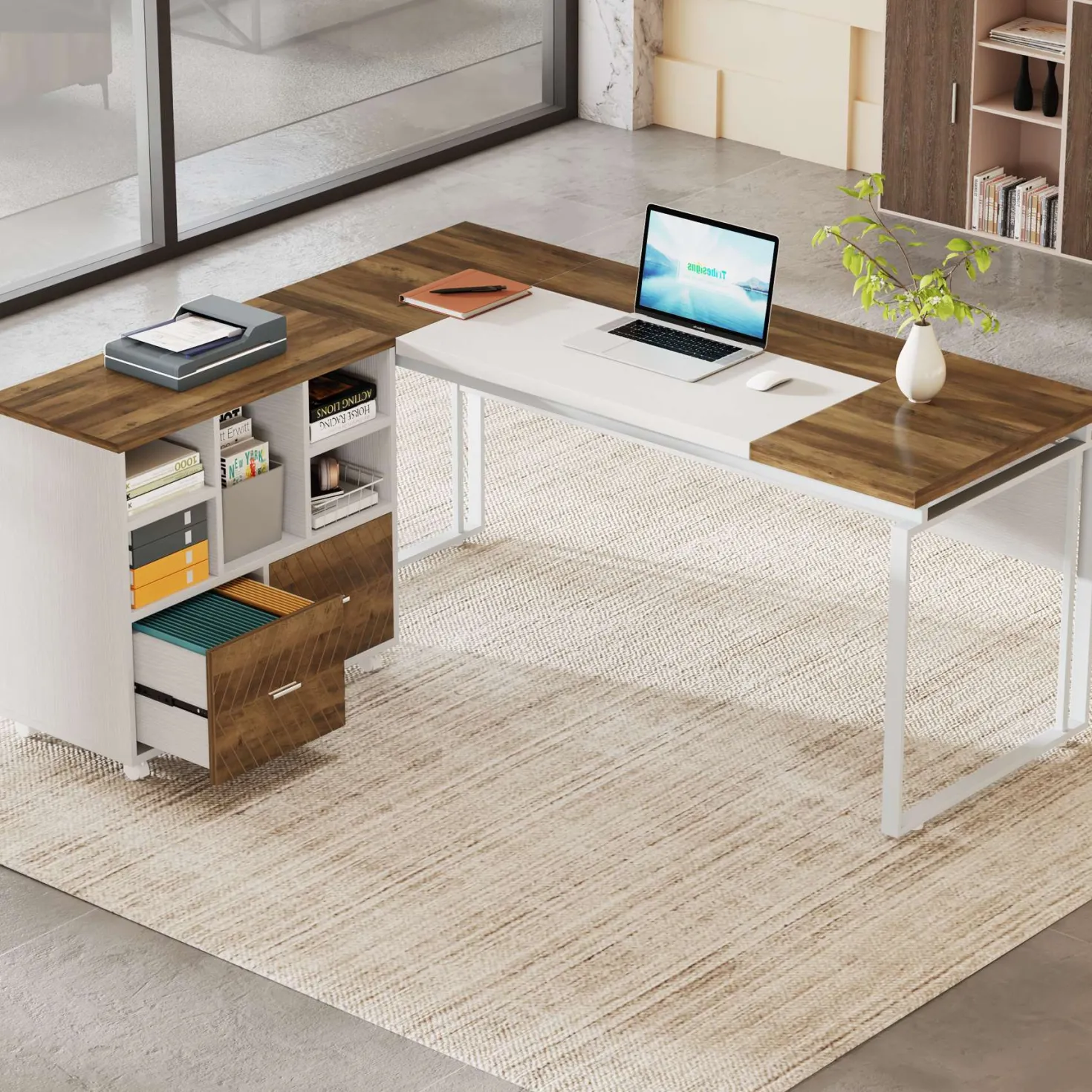 L-Shaped Executive Desk, 63" Computer Desk with Mobile File Cabinet