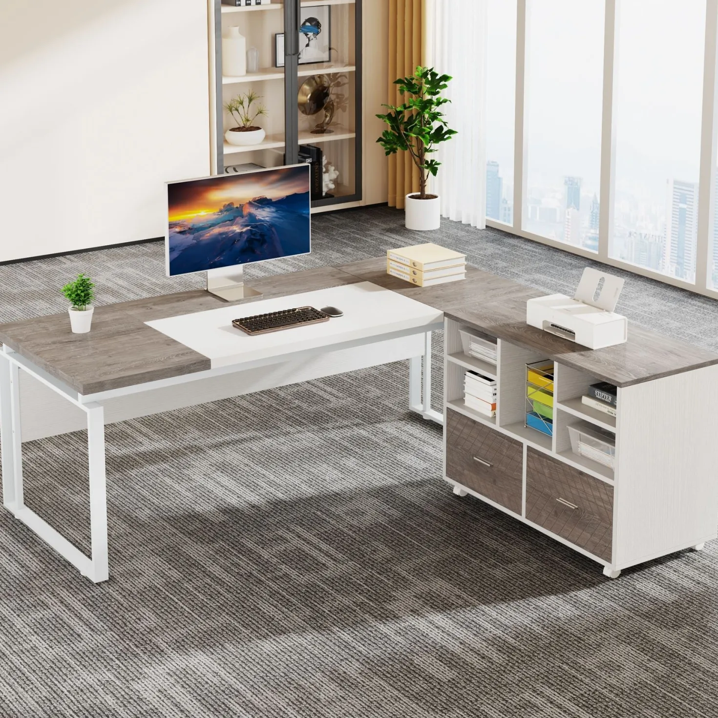 L-Shaped Executive Desk, 63" Computer Desk with Mobile File Cabinet