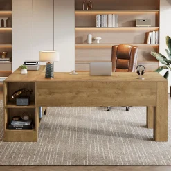 L-Shaped Executive Desk, 78" Office Desk with Storage Cabinet and 2-Tier Shelf