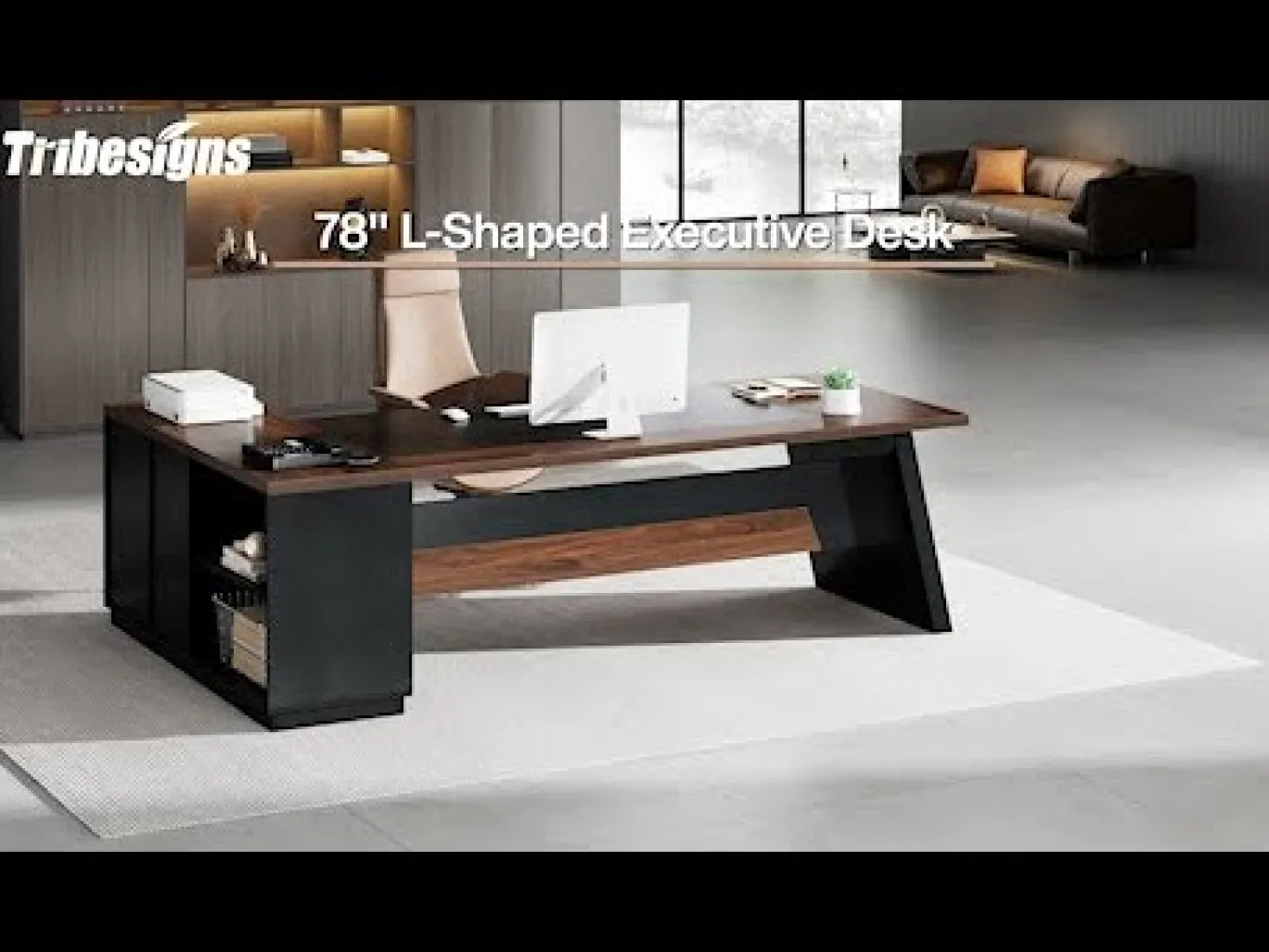 L-Shaped Executive Desk, 78" Office Desk with Drawers and Lateral File Cabinet