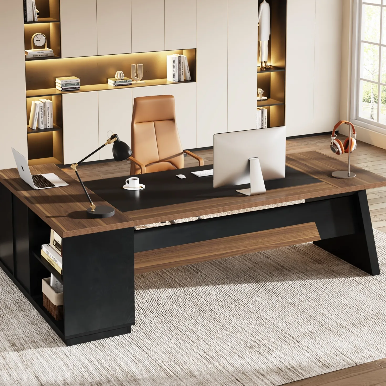 L-Shaped Executive Desk, 78" Office Desk with Drawers and Lateral File Cabinet