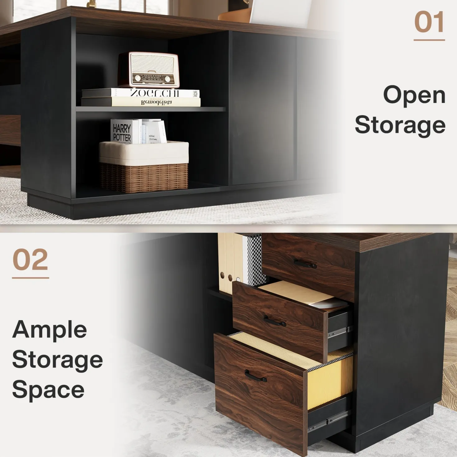 L-Shaped Executive Desk, 78" Office Desk with Drawers and Lateral File Cabinet