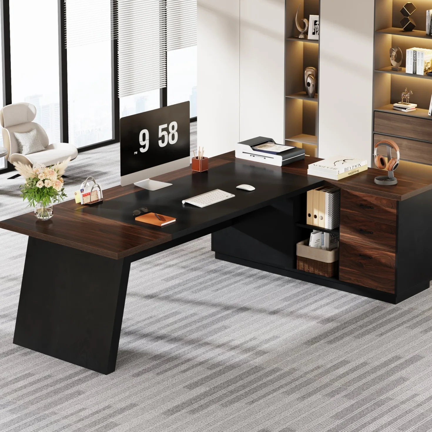L-Shaped Executive Desk, 78" Office Desk with Drawers and Lateral File Cabinet