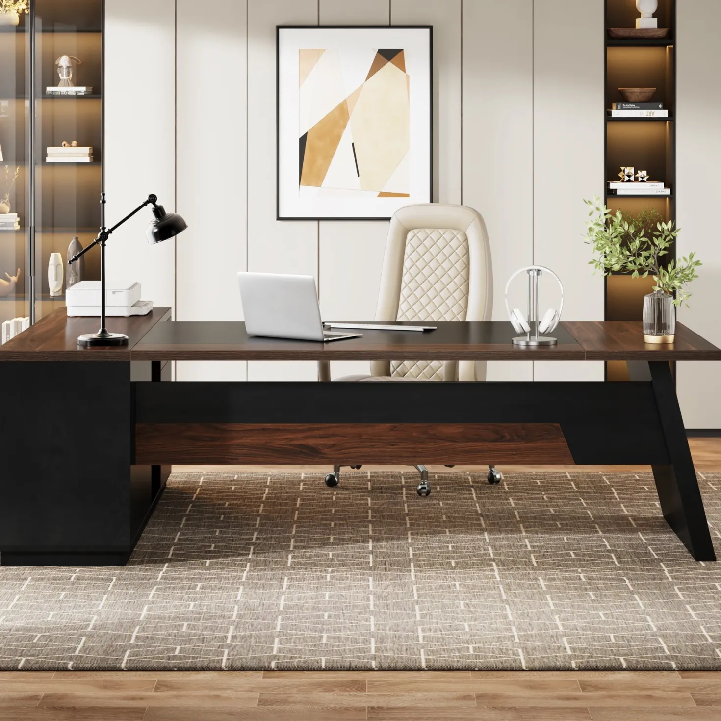 L-Shaped Executive Desk, 78" Office Desk with Drawers and Lateral File Cabinet