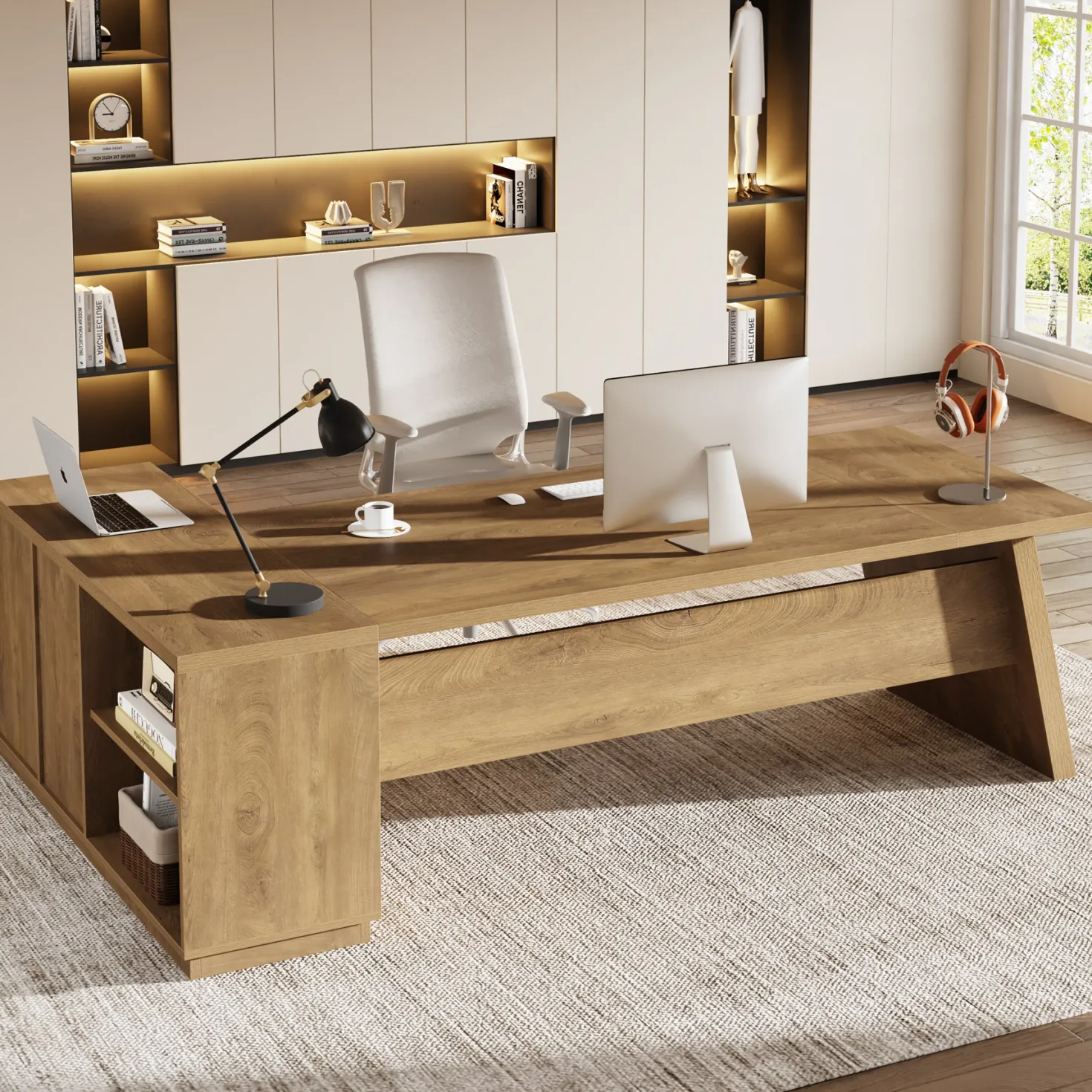 L-Shaped Executive Desk, 78" Office Desk with Drawers and Lateral File Cabinet