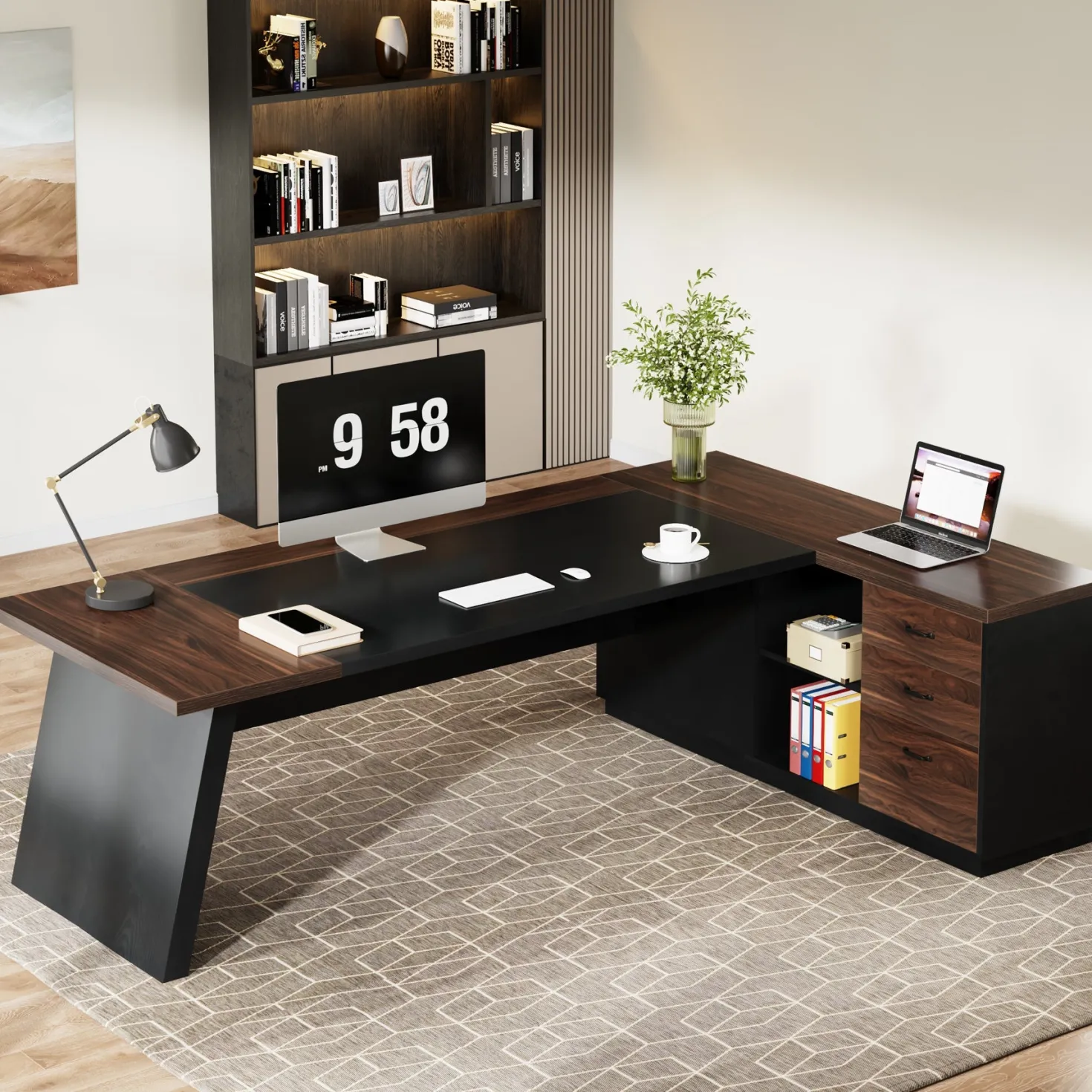 L-Shaped Executive Desk, 78" Office Desk with Drawers and Lateral File Cabinet