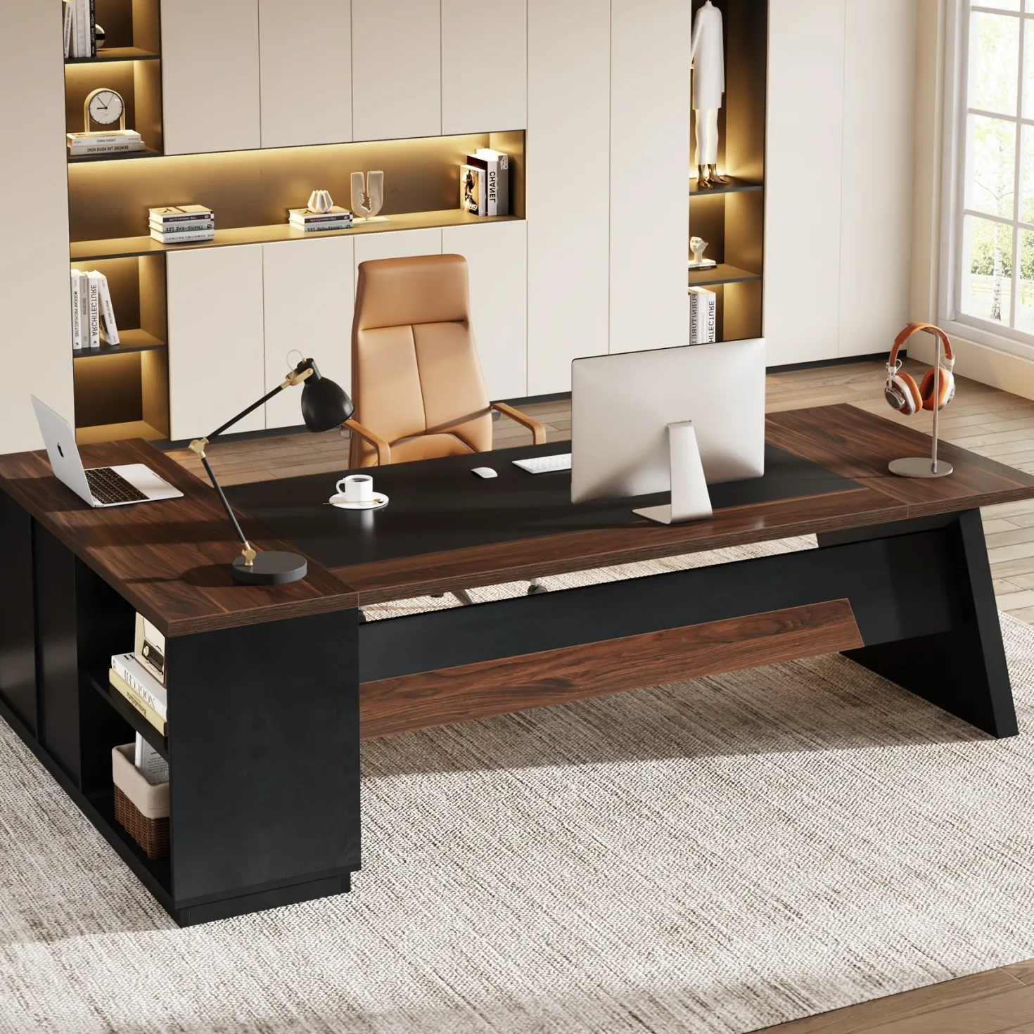 L-Shaped Executive Desk, 78" Office Desk with Drawers and Lateral File Cabinet