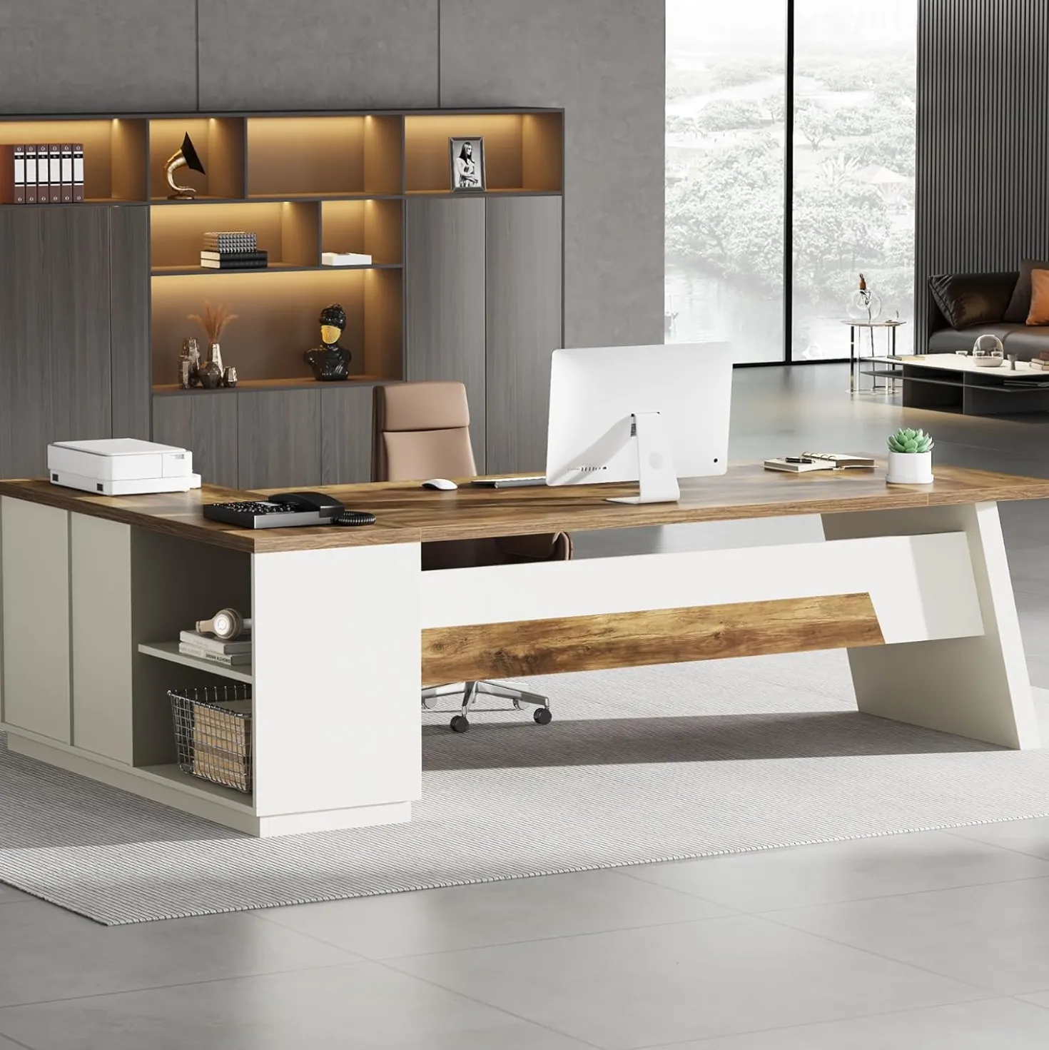 L-Shaped Executive Desk, 78" Office Desk with Drawers and Lateral File Cabinet