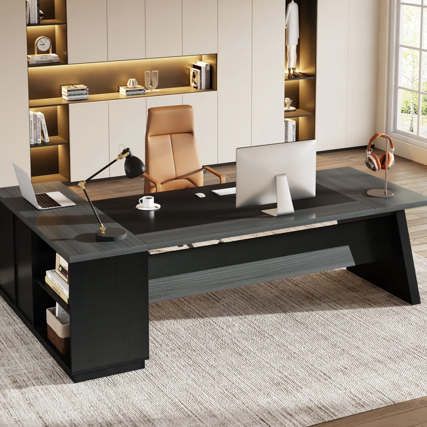 L-Shaped Executive Desk, 78" Office Desk with Drawers and Lateral File Cabinet