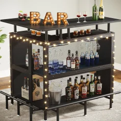 L-Shaped Home Bar Unit, Liquor Bar Table with Glasses Holders & Shelves