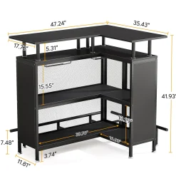 L-Shaped Home Bar Unit, Liquor Bar Table with Glasses Holders & Shelves