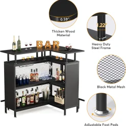 L-Shaped Home Bar Unit, Liquor Bar Table with Glasses Holders & Shelves