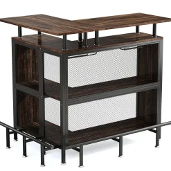 L-Shaped Home Bar Unit, Liquor Bar Table with Glasses Holders & Shelves