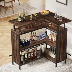 L-Shaped Home Bar Unit, Liquor Bar Table with Glasses Holders & Shelves