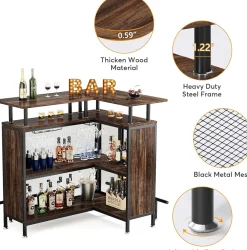 L-Shaped Home Bar Unit, Liquor Bar Table with Glasses Holders & Shelves