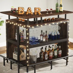 L-Shaped Home Bar Unit, Liquor Bar Table with Glasses Holders & Shelves