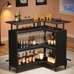 L-Shaped Home Bar Unit, Liquor Bar Table with Glasses Holders & Shelves