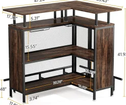 L-Shaped Home Bar Unit, Liquor Bar Table with Glasses Holders & Shelves