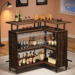 L-Shaped Home Bar Unit, Liquor Bar Table with Glasses Holders & Shelves