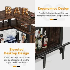 L-Shaped Home Bar Unit, Liquor Bar Table with Glasses Holders & Shelves