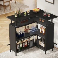 L-Shaped Home Bar Unit, Liquor Bar Table with Glasses Holders & Shelves