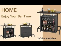 L-Shaped Home Bar Unit, Liquor Bar Table with Glasses Holders & Shelves