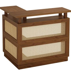 L-Shaped Home Bar Unit, Rattan Bar Table Liquor Cabinet with 4-Tier Storage Shelf