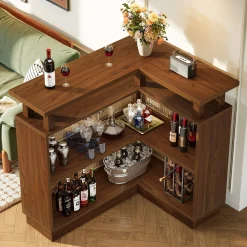 L-Shaped Home Bar Unit, Rattan Bar Table Liquor Cabinet with 4-Tier Storage Shelf