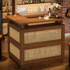 L-Shaped Home Bar Unit, Rattan Bar Table Liquor Cabinet with 4-Tier Storage Shelf