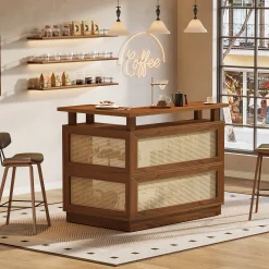 L-Shaped Home Bar Unit, Rattan Bar Table Liquor Cabinet with 4-Tier Storage Shelf