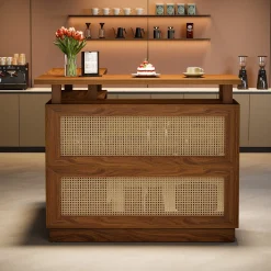 L-Shaped Home Bar Unit, Rattan Bar Table Liquor Cabinet with 4-Tier Storage Shelf