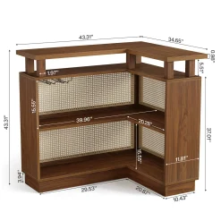 L-Shaped Home Bar Unit, Rattan Bar Table Liquor Cabinet with 4-Tier Storage Shelf