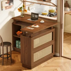 L-Shaped Home Bar Unit, Rattan Bar Table Liquor Cabinet with 4-Tier Storage Shelf