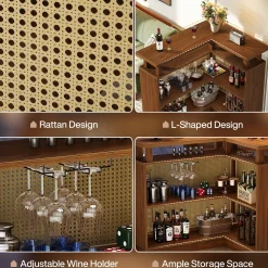 L-Shaped Home Bar Unit, Rattan Bar Table Liquor Cabinet with 4-Tier Storage Shelf