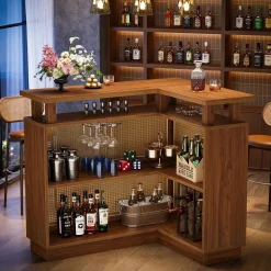 L-Shaped Home Bar Unit, Rattan Bar Table Liquor Cabinet with 4-Tier Storage Shelf