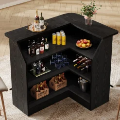 L-Shaped Home Bar Unit, 4-Tier Fluted Bar Table with Storage Shelves