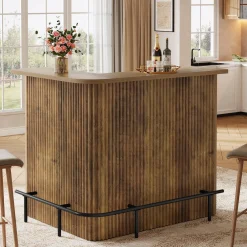 L-Shaped Home Bar Unit, 4-Tier Fluted Bar Table with Storage Shelves