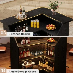L-Shaped Home Bar Unit, 4-Tier Fluted Bar Table with Storage Shelves