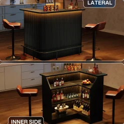L-Shaped Home Bar Unit, 4-Tier Fluted Bar Table with Storage Shelves