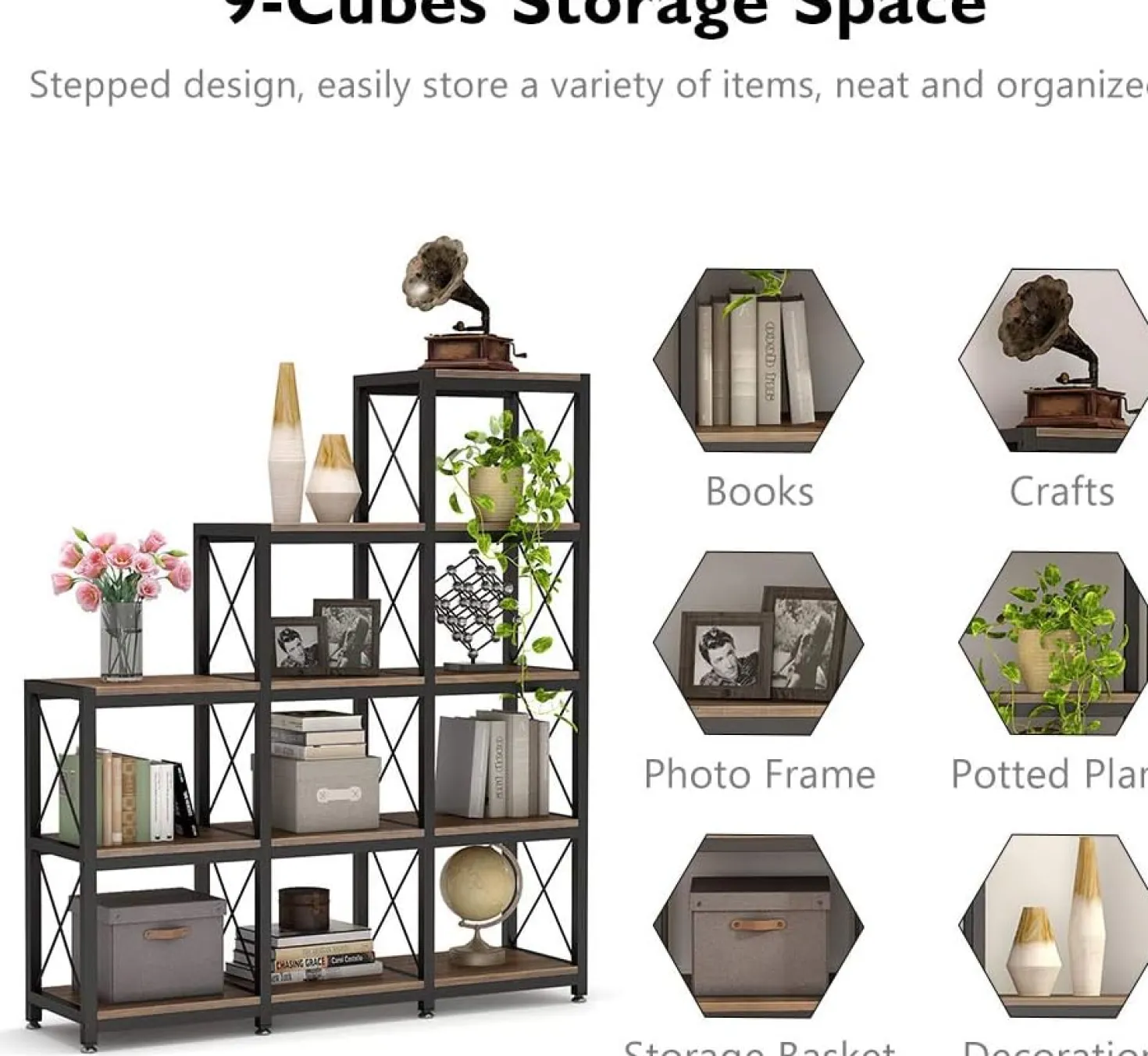 L-Shaped Ladder 9 Cubes Bookshelf, 12 Shelves Industrial Corner Etagere Bookcase