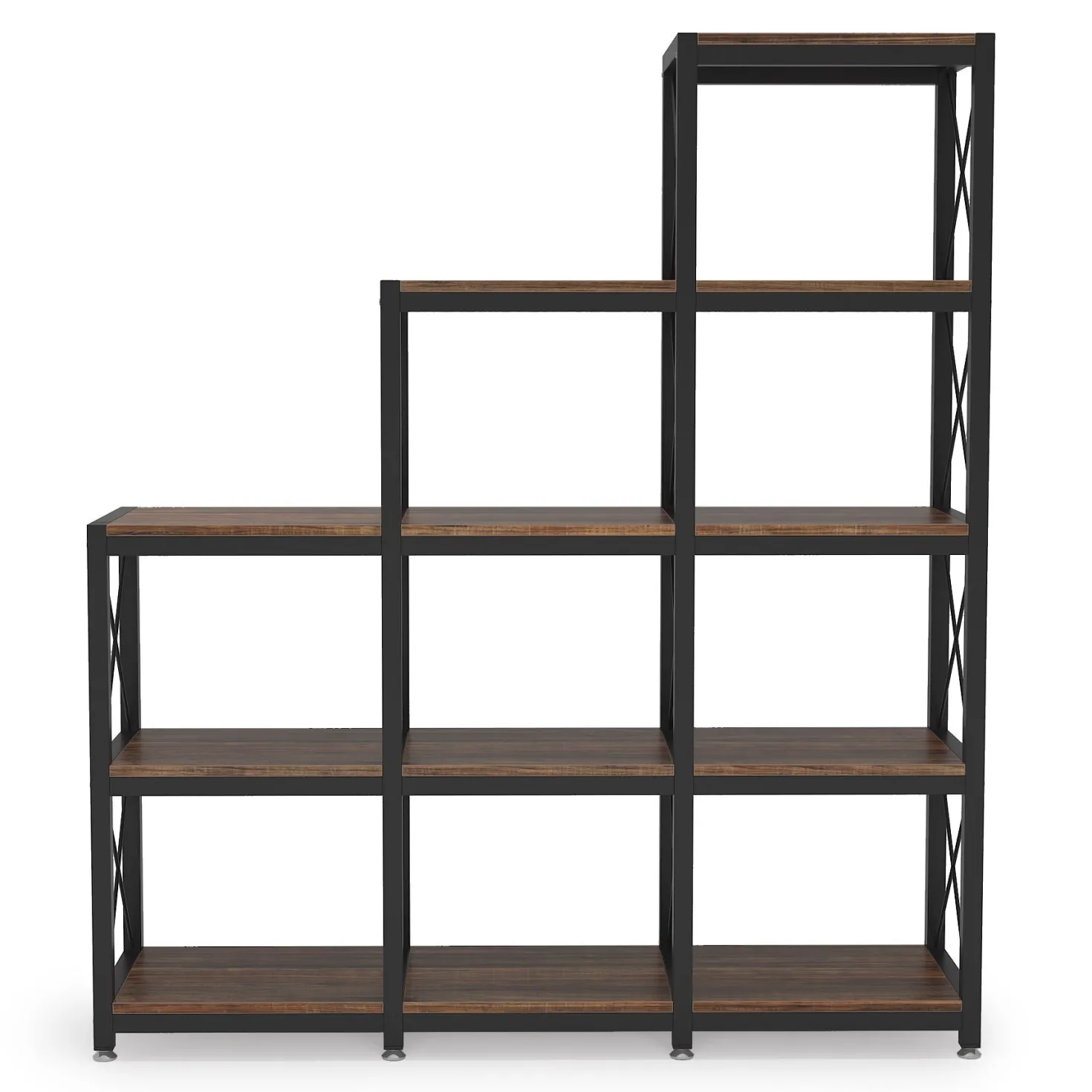 L-Shaped Ladder 9 Cubes Bookshelf, 12 Shelves Industrial Corner Etagere Bookcase