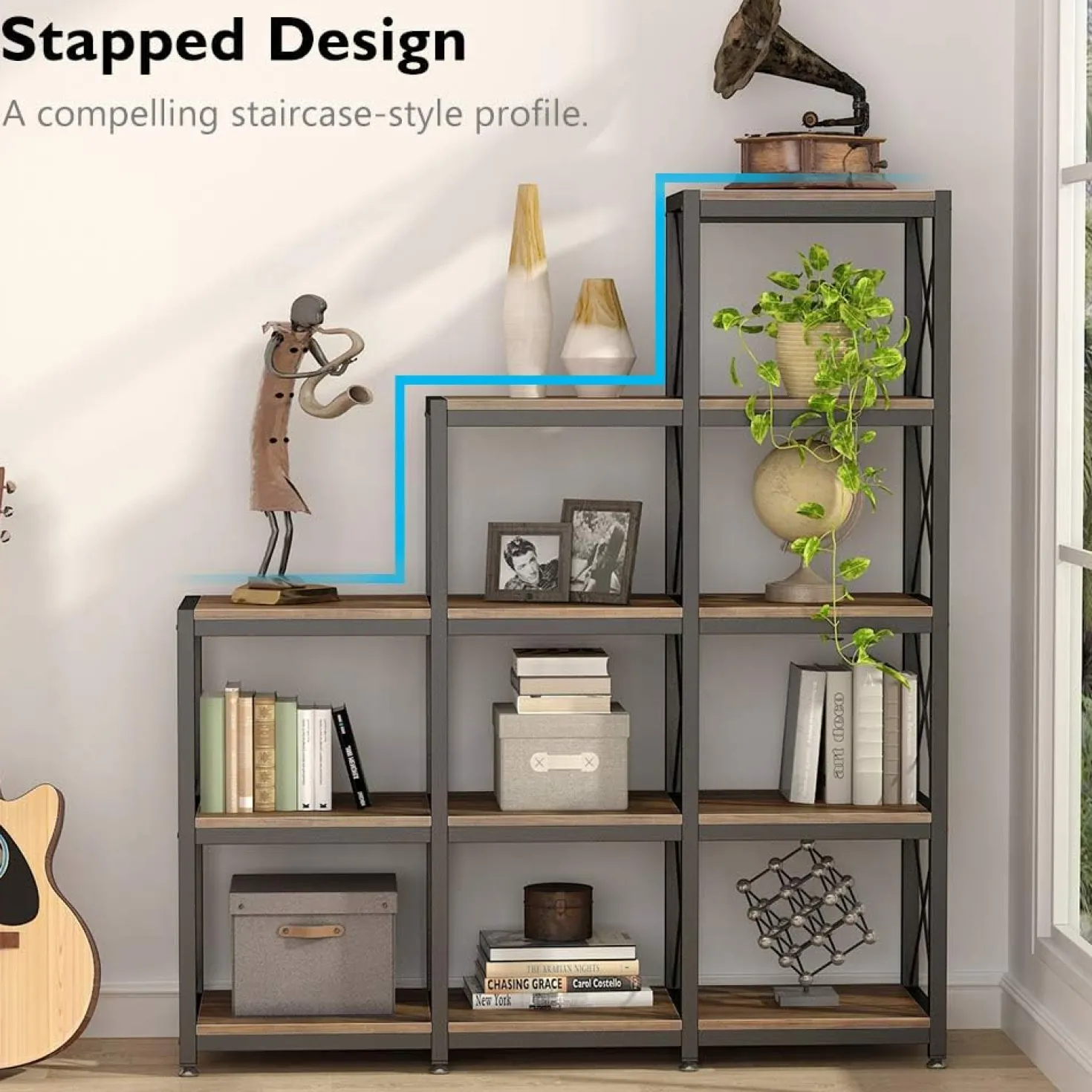 L-Shaped Ladder 9 Cubes Bookshelf, 12 Shelves Industrial Corner Etagere Bookcase