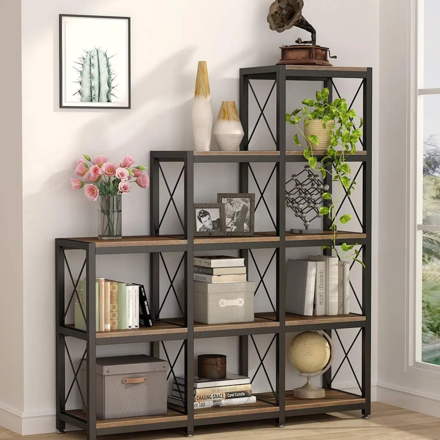 L-Shaped Ladder 9 Cubes Bookshelf, 12 Shelves Industrial Corner Etagere Bookcase